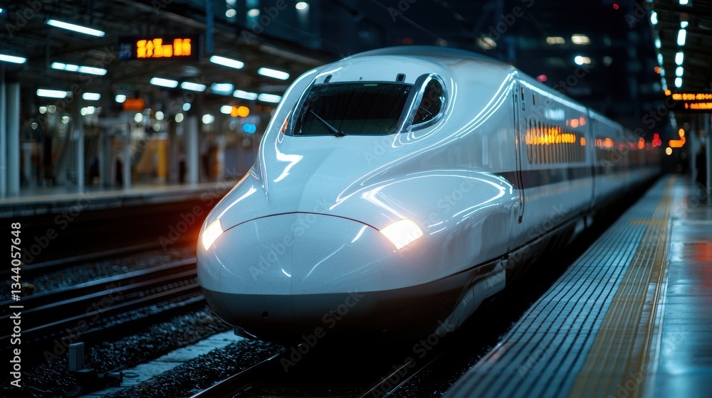 Poster high-speed train approaching station at night with illuminated tracks and modern architecture in bac
