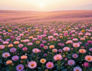 Fototapeta premium Scenic sunrise over vibrant flower field nature photography colorful landscape calm environment panoramic view