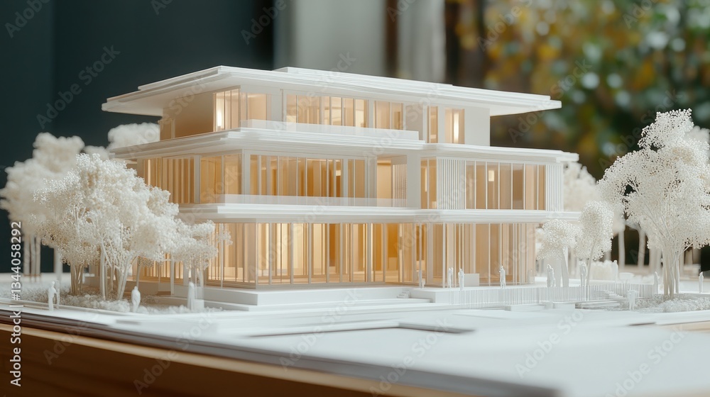 Poster a d architectural model displayed on a drafting table at a construction site.