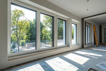 Interior room with large windows overlooking trees in daylight