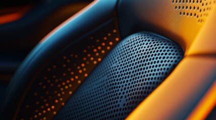 Close up of luxurious leather car seat featuring heated seat design and intricate embossing details