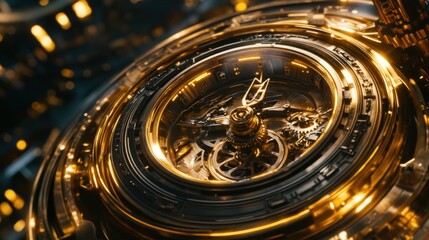 Close-up of intricate gold clockwork mechanism with glowing details.