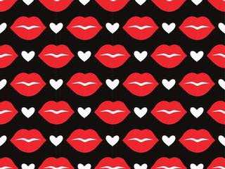 Seamless pattern with red lips and white hearts on black background. Flat playful, romantic design bright colors. Perfect for Valentines Day projects, fashion prints, wrapping paper, textiles