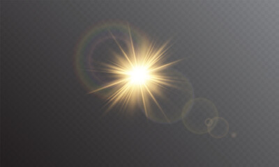 Yellow star flashed with sparkles sun isolated on white background. Soft glow without departing rays, sunlight with lens flare effect. PNG vector light effect