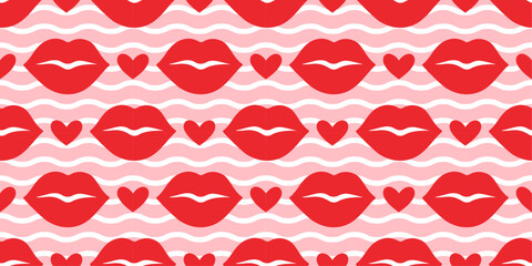 Seamless pattern with red lips and hearts on pink background. Flat playful, romantic design bright colors. Perfect for Valentines Day projects, fashion prints, wallpapers, wrapping paper, textiles