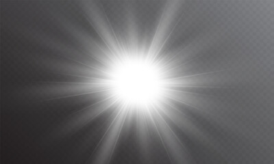 Yellow star flashed with sparkles sun isolated on white background. Soft glow without departing rays, sunlight with lens flare effect. PNG vector light effect