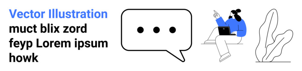 Person seated with laptop pointing at a chat bubble abstract speech theme. Ideal for communication, teamwork, feedback, messaging, technology, education, simple landing page