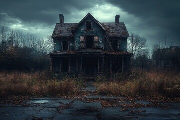 Abandoned Haunted House in Dark Eerie Atmosphere with Dramatic Clouds and Overgrowth
