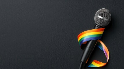 A microphone wrapped in a rainbow ribbon on a dark background, symbolizing pride and inclusivity in music and expression.