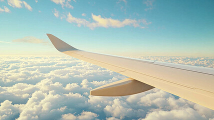 Obraz premium close up view of airplane wing against backdrop of scenic skies and fluffy clouds, evoking sense of adventure and freedom