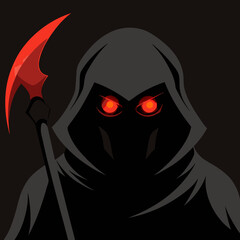 Shadowy Hooded Figure with Scythe – Dark Grim Reaper Art with Glowing Red Eyes Vector Design