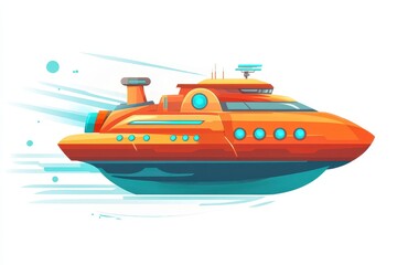 Vibrant Orange Futuristic Yacht Sailing Through Clear Blue Water