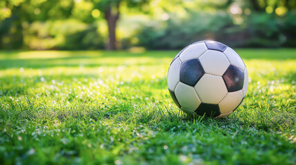 Obraz premium Soccer ball resting on green grass in a sunny park