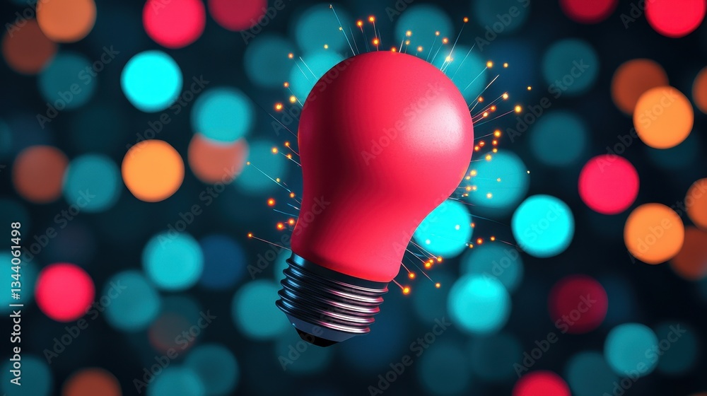 Poster bright red light bulb with colorful bokeh background and sparkles illuminating concept of creativity