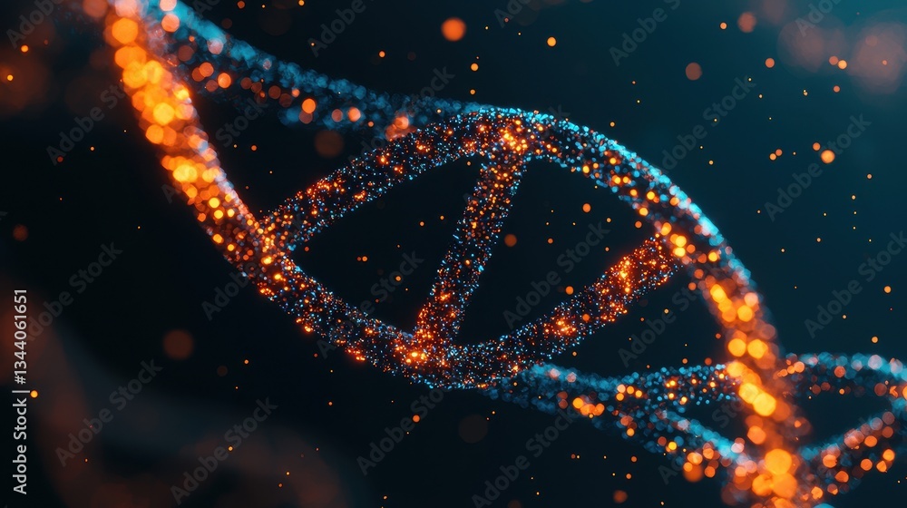 Poster abstract digital illustration of a glowing dna helix with sparkling particles on a dark background