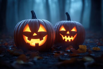 Spooky Halloween Pumpkins Glowing in Dark Forest with Eerie Fog and Scattered Autumn Leaves