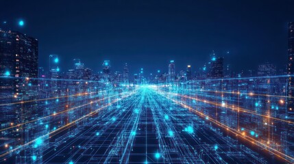 Fototapeta premium Futuristic urban cityscape depicting data and digital communication pathways