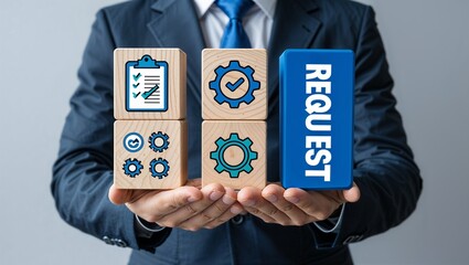 Request business concept. Web Online Electronic Submission. Businessman holding styrofoam colorful blocks with banner: REQUEST.new