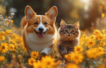 corgi dog and fluffy cat running together in sunny spring meadow with yellow wildflowers