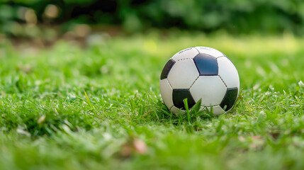 Fototapeta premium Soccer ball resting on grass in a vibrant park