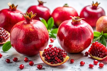 Juicy Ripe Pomegranates on White Background -  Fresh Fruit Photography
