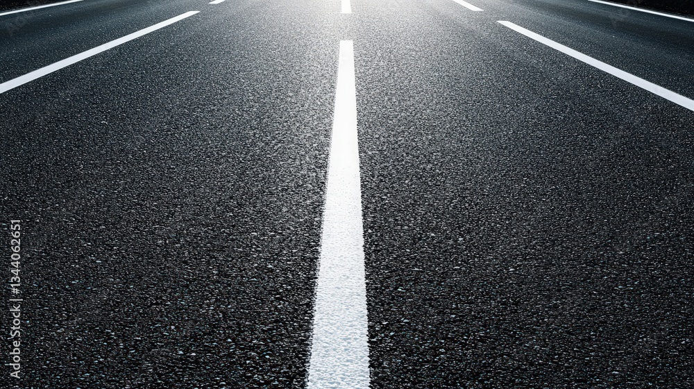 Poster a close-up view of a smooth asphalt road with well-defined white lane markings, illuminated by brigh