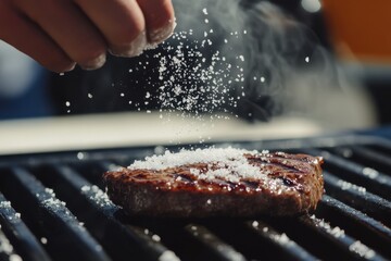 Hand Sprinkling Salt on Grilled Steak with Smoke and Flavor