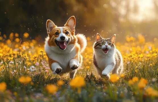 Corgi dog and fluffy cat running in vibrant meadow of yellow wildflowers during golden hour
