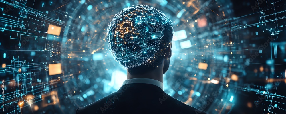 Poster virtual brain interface surrounded by neural circuit lines, with a businessman interacting in a futu