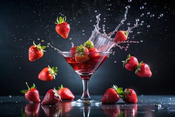 Juicy Strawberries Splashing into Red Cocktail - Vibrant Drink Photography