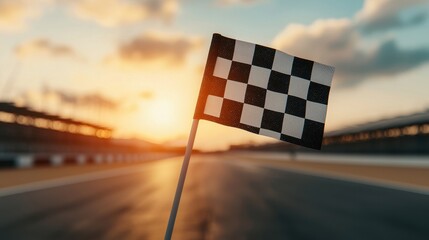 Checkered Flag Waving at Sunset on Racetrack, Symbol of Victory and Competition in Motorsports