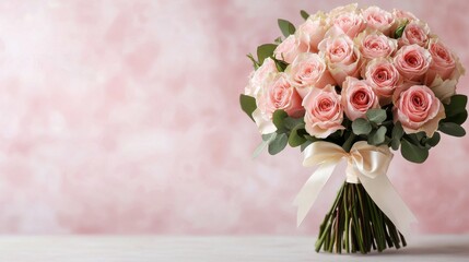 Obraz premium Beautiful Pink Roses Bouquet with Greenery on Soft Pink Background for Special Occasions and Celebrations