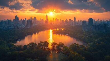 Naklejka premium Sunset over a city skyline reflecting on a tranquil lake surrounded by greenery
