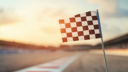 Checkered Flag at Sunset on a Race Track Signaling the End of a Competition with Dramatic Sky and Warm Light