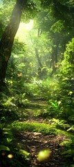 Obraz premium A serene forest pathway illuminated by soft sunlight, surrounded by lush greenery and vibrant plants, creating a tranquil and inviting atmosphere.