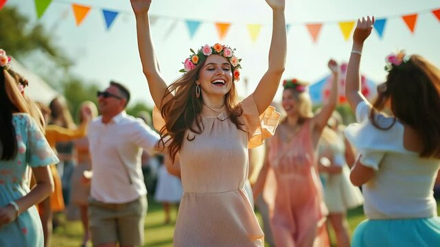Celebrating International Women's Day with a joyful spring festival and vibrant dance in a beautiful outdoor setting