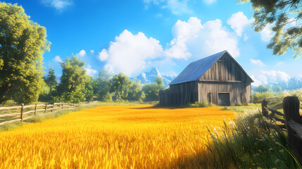Obraz premium Rustic countryside barn with golden fields under a warm sunset sky
