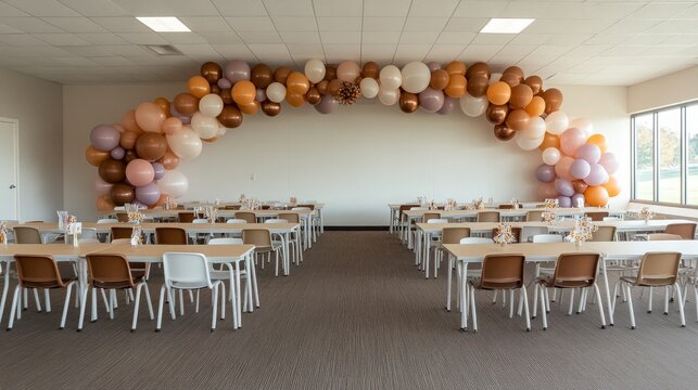 Classroom celebration event school hall decor setup bright environment wide view teacher and student interaction