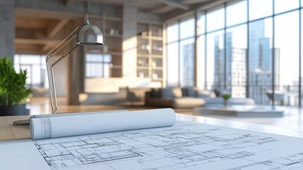 A classic architectural workspace featuring blueprints and a drafting lamp.