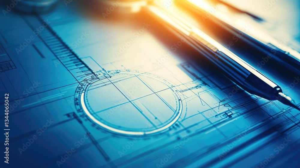 Poster a close-up of an architectural blueprint with precision measurement tools.