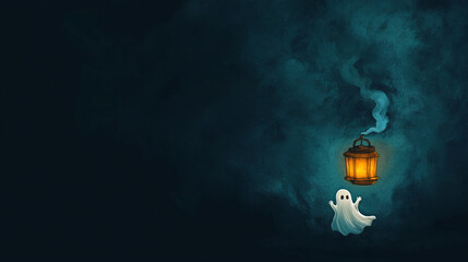 cute ghost holding glowing lantern in dark, misty background creates whimsical and enchanting atmosphere