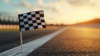 Checkered Flag at Sunset on an Empty Race Track with Beautiful Sky and Ground Perspective