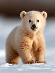 Fototapeta premium Adorable polar bear cub standing in a snowy landscape, showcasing its fluffy fur and curious expression.