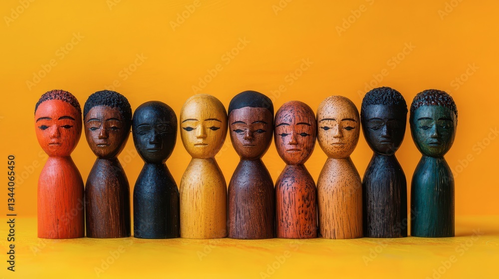 Poster wooden block group of different ages showing diverse hiring practices on yellow background