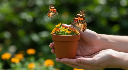 Two Painted Lady Butterflies Approaching a Small Pot of Orange Flowers Held in Gentle Hands Against a Blurred Green Garden Background