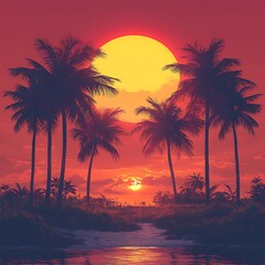 Tropical Sunset Palm Trees Silhouettes in a Warm Golden Hour Glow