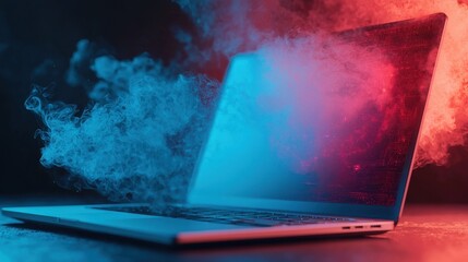 Laptop with Colorful Smoke Effect, Digital Aesthetic for Technology and Creative Backgrounds