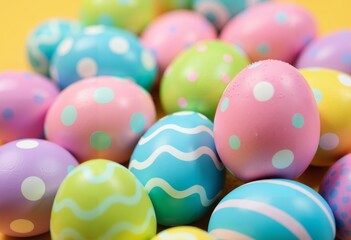 Fototapeta premium Easter composition. A bright and colorful pile of Easter eggs decorated in pastel shades.