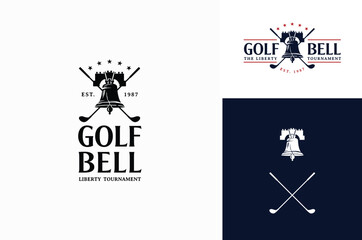Philadelphia Liberty Bell American Independence Symbol with Golf Stick Club Crossed for Sport Tournament Championship Vintage Logo Design	