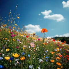 Fototapeta premium Colorful Meadow of Wildflowers under a Bright Blue Sky with Fluffy Clouds